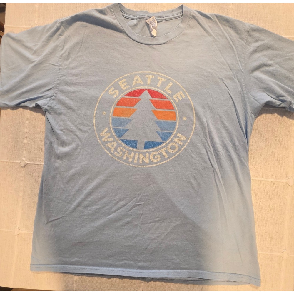 Port & Company Seattle Washington Retro Sunset Tree Graphic Tee Light Blue L